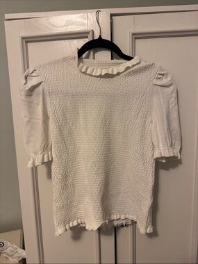 Philosophy Cream Smocked Ruffle-Neck Puff Sleeve Top